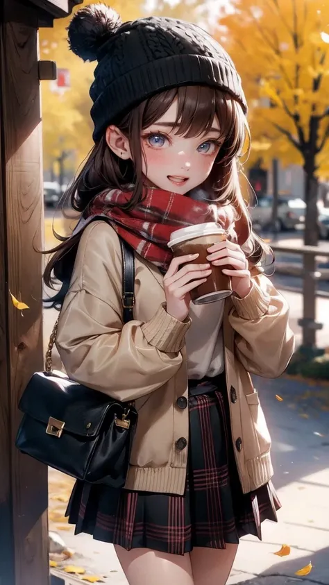 Cute Girl, cowboy shot,1girl, autumn leaves, bangs, black headwear, blurry background, blush, brown eyes, brown hair, brown scarf, brown skirt, cardigan, coffee, cowboy shot, cup, disposable cup, drink, falling leaves, beanie, holding, holding drink, leaf,...