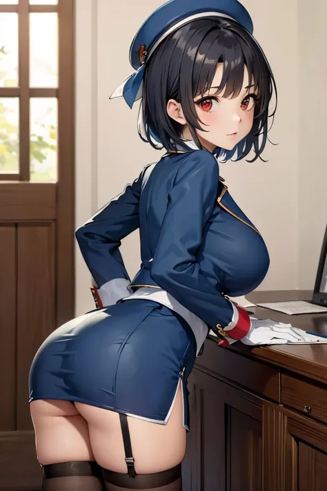 (masterpiece, best quality:1.2),illustration,8k,hd,1girl,solo,upper body,(portrait:1.2),takao (kancolle),black hair,red eyes,short hair,large breasts,long sleeves,hat,black gloves,black thighhighs,miniskirt,blue skirt,military uniform,beret,garter straps,b...