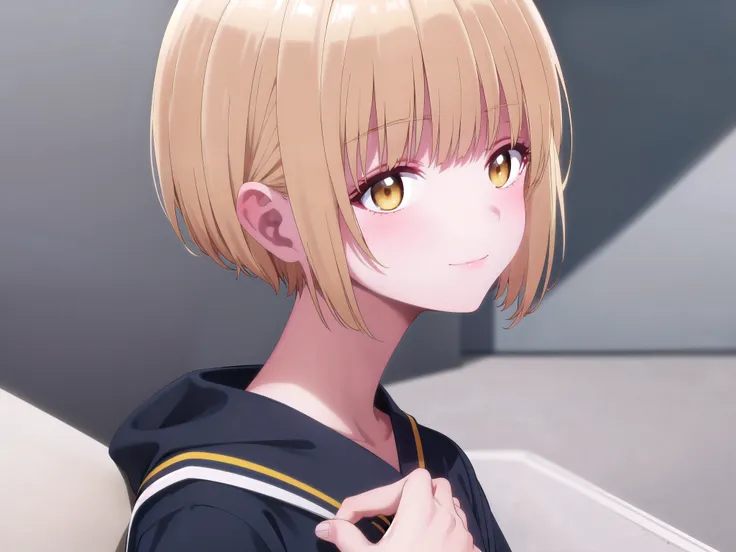 (((pixel-perfect, detail-perfect))), HDR, 4K, 1girl, solo, exposed back, looking at viewer, upper body, blonde hair, bob_hair, short-hair, short bob hair, (((bobcut))), ((haircut:1.3)), undercut, bobbed hair, minibob, sidecut, buzz haircut, sidecut, yellow...