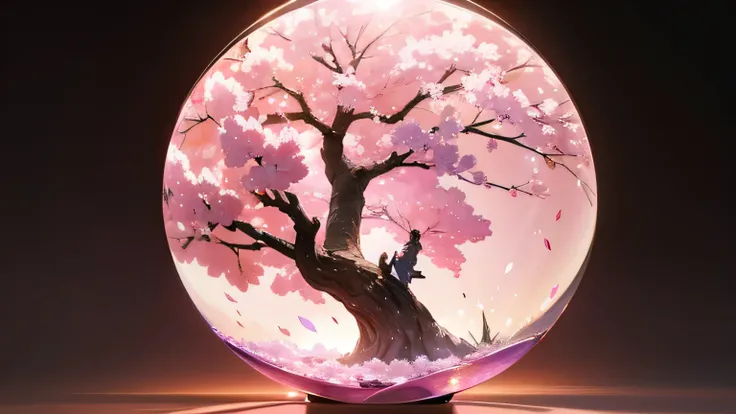 close up of sakura tree in a bottle, fluffy, atmospheric light refraction,  rich colors  lifelike texture dramatic lighting, Style-Glass