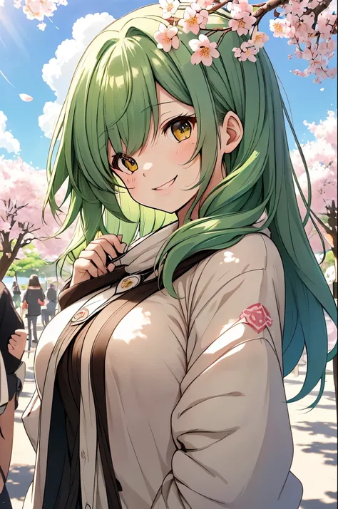 girl, on campus, cherry blossoms, simple canvas style painting style), (Bright and fresh color matching), (shy smile, natural behind the handle), (mid spring, 通りの両側には見事なcherry blossoms並木が) (beautiful blue sky and white clouds, soft and colorful, sunlight),...