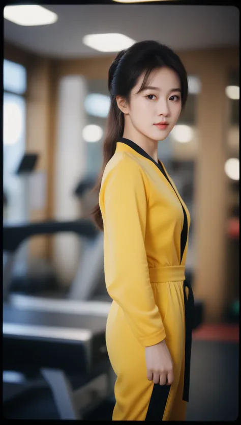 close-up of beautiful korean female, 34 inch breasts size, wearing bruce lee jumpsuit, in the gym, bokeh background, Polaroid photo, UHD