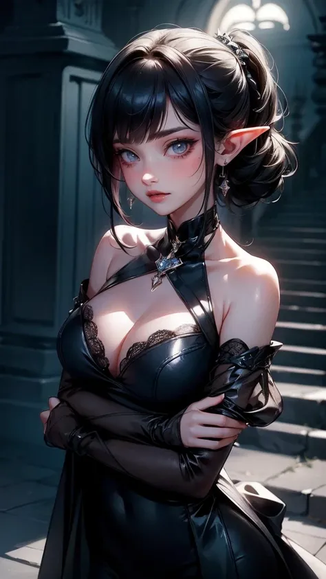 Cute Girl, cowboy shot,（dark atmosphere，Goethe fashion，bright colors），（best quality，Super exquisite，），Sexy goth elf girl，rose garden at night，beautiful and delicate eyes，Blue tip black straight ponytail，Crow feathers，red lipstick，mysterious smile，Pale comp...