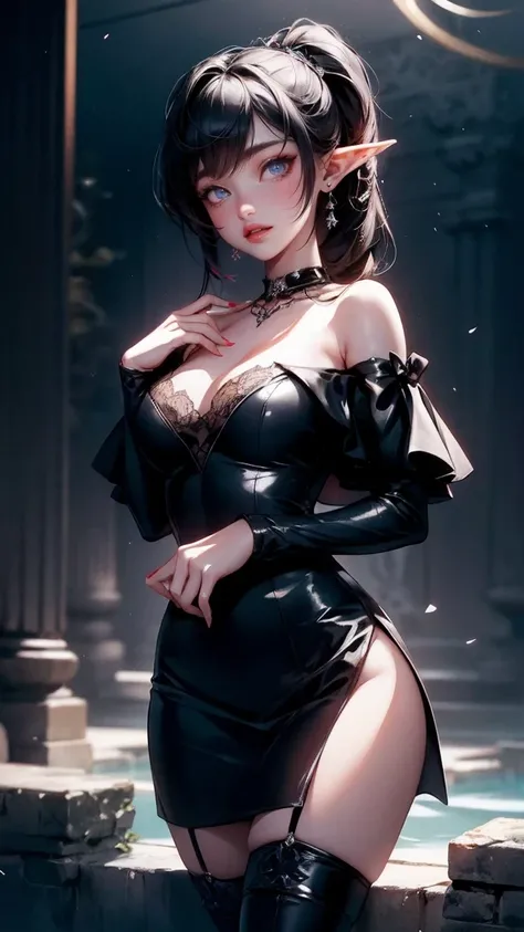 Cute Girl, cowboy shot,（dark atmosphere，Goethe fashion，bright colors），（best quality，Super exquisite，），Sexy goth elf girl，rose garden at night，beautiful and delicate eyes，Blue tip black straight ponytail，Crow feathers，red lipstick，mysterious smile，Pale comp...