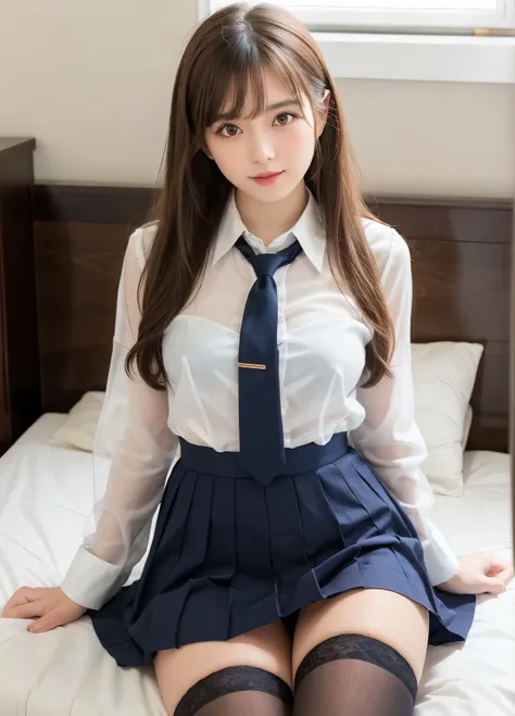 ulzzang-6500-v1.1, (raw photo:1.2), (photoreal), (see-through:1.3), (genuine:1.4), arafa asian woman in uniform sitting on bed, ...