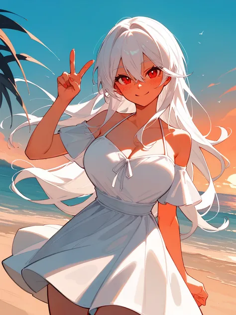 (score_9,score_8_up,score_7_up,), 1girl, solo, outdoors, beach, sunset, long hair, white hair, red eyes, large breasts, hair between eyes, slight smile, looking at viewers, blush, white dress, (peace sign)