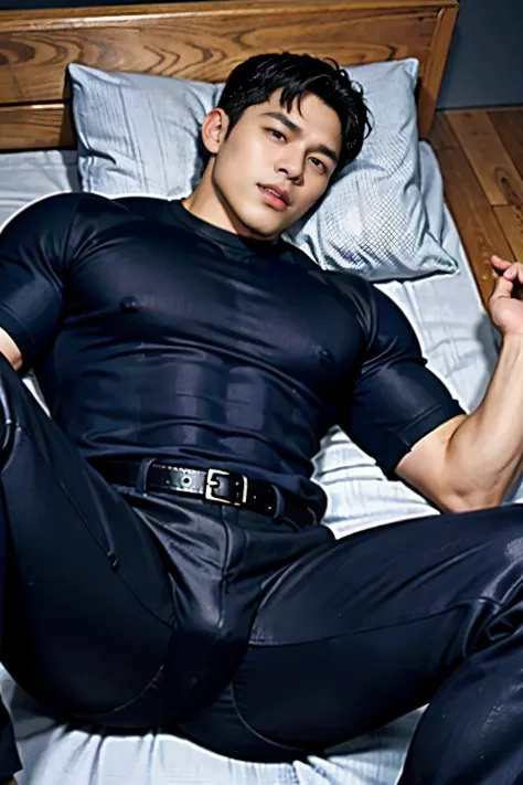 40-year-old boy ,Korean bulky male officer ,Wear navy blue police uniform shirt................ navy blue smooth tight trouser,legs wide open, legs on shoulder, missionary POV, men drooling