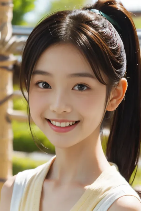 (highest quality, masterpiece), (beautiful 12 year old japanese girl), (freckles:0.6), soft light, ponytail, smile