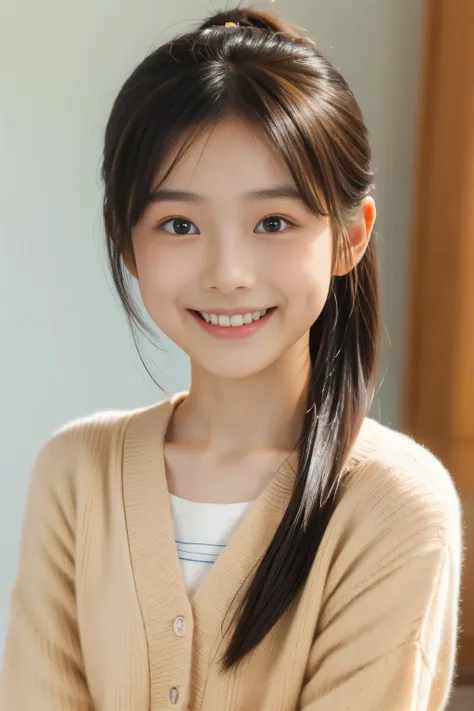 (highest quality, masterpiece), (beautiful 12 year old japanese girl), (freckles:0.6), soft light, ponytail, smile