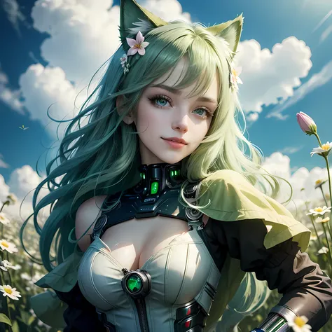 Beautiful woman with green eyes, green hair smiling, fully clothed in a spring dress, cybernetic cat ears, cyber, blooming spring flowers and blue skies in the background, flying petals, happy