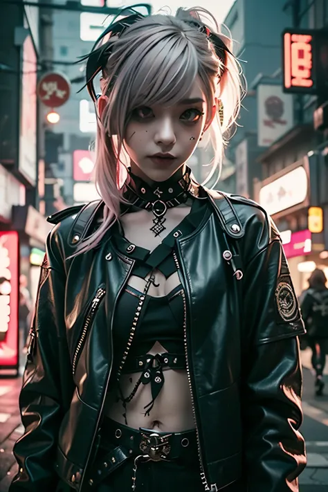 araffe girl with pink hair and a leather jacket posing for a picture, cyberpunk art by shitao, tumblr, aestheticism, goth aesthe...