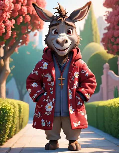 3d，c4d，disney art of animation，personification，donkey man，donkey-headed man，wearing a northeastern red floral thick cotton coat，...