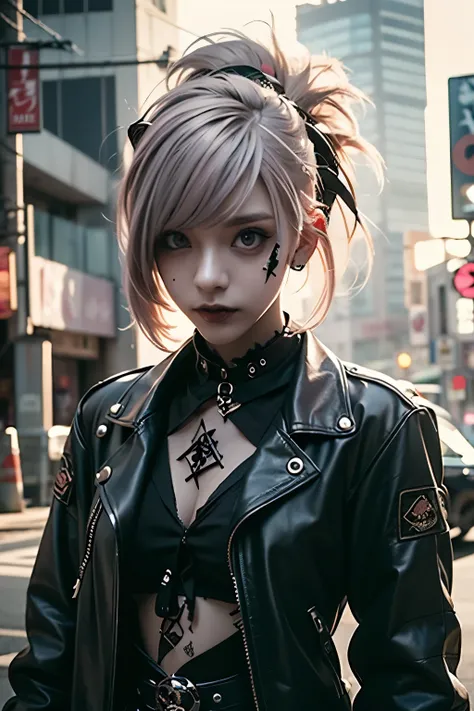 araffe girl with pink hair and a leather jacket posing for a picture, cyberpunk art by Shitao, tumblr, aestheticism, goth aesthetic, anime style mixed with fujifilm, aesthetic cyberpunk, punk style, cyberpunk streetwear, dressed in punk clothing, cruel kor...