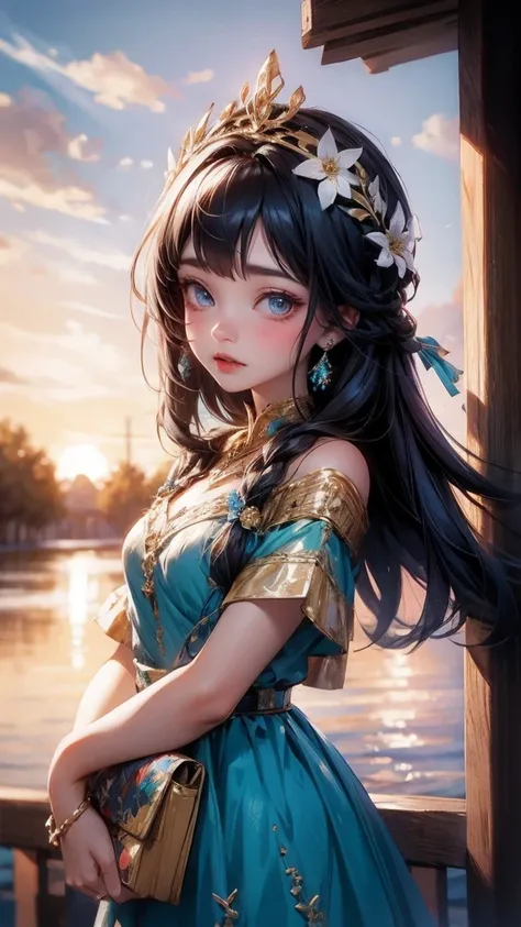 Cute Girl, 20 years old woman wearing ukrainian costume with flower crown and garland on head with blue eyes river and blue sky background afternoon light sunset realistic illustration