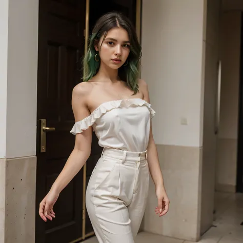 1girls, Nur, green Hair , 24 years old,A white silk blouse with ruffle details,High-waisted black tailored trousers,Nude block heels,Statement earrings,A sleek watch,A black leather shoulder bag