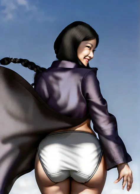 ((masterpiece, best quality)), ((39 year old)), (((Curvy))), ((Japanese woman with long black braided hair)), ((white fullback cotton panties)), purple kimono, Blue eyes, windy day, smiling, (((photo realistic)))