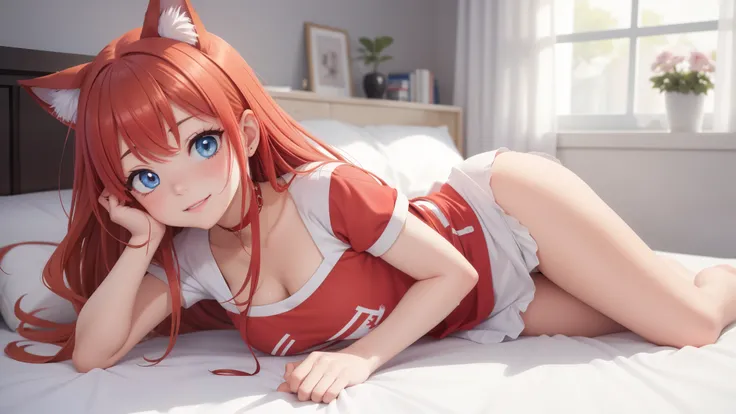 可愛いanime girl,blue eyes, perfect face, detailed face, perfect body, beautiful eyes, beautiful face, (bright skin: 1.4), Idol, (full body), red t-shirt, transparent,Room wear,fun,stuffed toy,Drink milk,anime girl, one girl,small details, 4k, 8K, 12k,beautif...