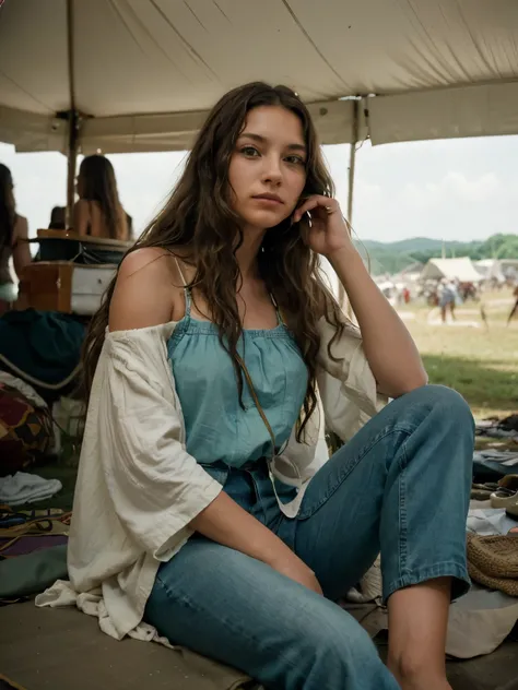 A photo capturing a moment of quiet reflection amidst the chaos of Woodstock in 1969, as a solitary figure sits on a hill overlooking the festival grounds, lost in thought. Their long hair falls in loose waves around their shoulders, and they wear a simple...