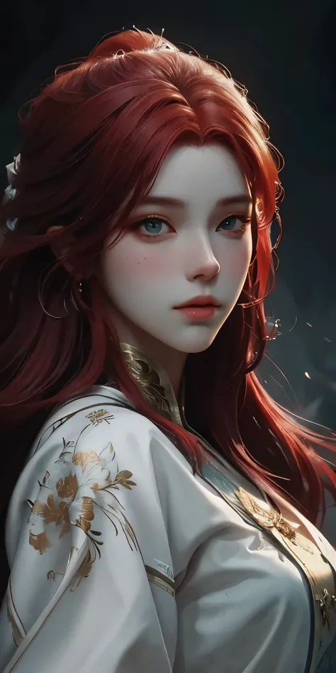 a redhead、Close-up of woman wearing white mask, beautiful figure painting, guweiz, guweiz style artwork, Red-haired god, Epic and beautiful character art, Stunning character art