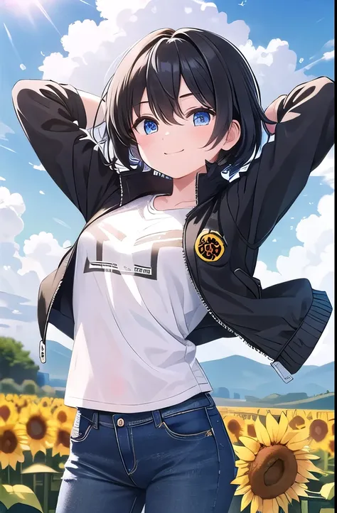 masterpiece,best quality,ultra detail,1girl,14yo,smile happy,sunflower garden,sunshine,cloud,medium hair, hair between eyes, blue eyes, black hair,jeans, wind, jacket, black jacket, zipped, close jacket, t-shirt, white shirt, arms up