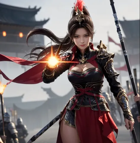 rows and buildings of Red flags, standing in front of a group of people in armor standing in the field against the background of flags, Red costume, Shoulder_armor, armor, armoRed dress, armoRed boots, Red_cape, High_collar, helmet on her head, (swinging a...