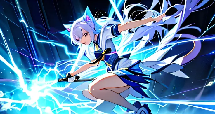 Anime character with lightning in the background, Meow meowtwo, goddess of lightning, Enhance aura, lightning behind her, 日本goddess of lightning, bad posture, Meow meow, complete art, cyan lightning, through new art, strong posture, Weiwei, she is attracti...