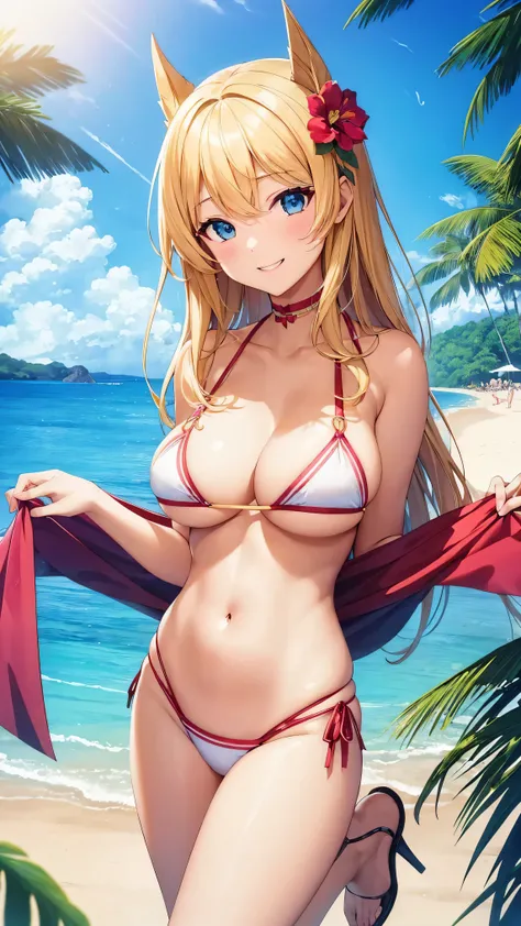 top-quality、Masterpiece、1girl in、Blonde Gal、Fancy Bikini、fleshy body、voluptuous breasts、Invincible smile、the beach、Cute anime illustration、