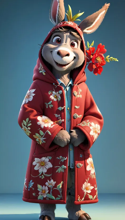 3d，c4d，disney art of animation，personification，donkey man，donkey-headed man，wearing a northeastern red floral thick cotton coat，...