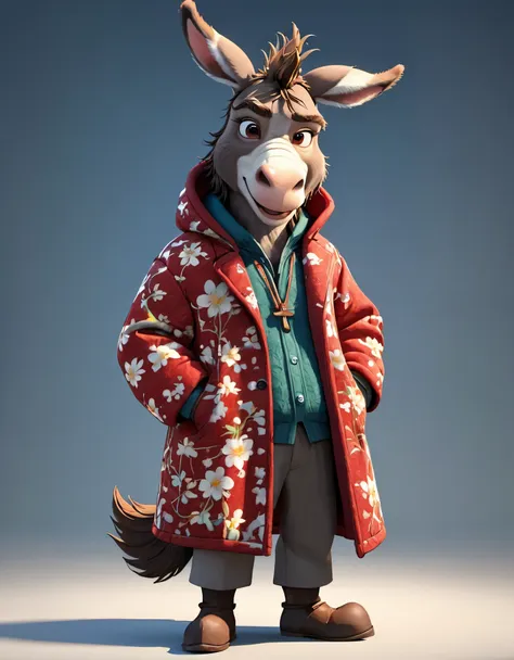 3d，c4d，disney art of animation，personification，donkey man，donkey-headed man，wearing a northeastern red floral thick cotton coat，...