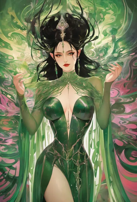 A provocative painting portraying a sultry lady from hell in a captivating green-themed scene, embodying the allure and power of Hela in an epic split-screen composition that heightens the theatricality and mystique of her character. The green color scheme...