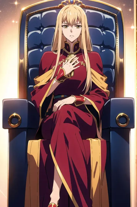 sit on the throne with his hands crossed, sitting very comfortably, sitting on a golden throne, code geass, sitting on his thron...