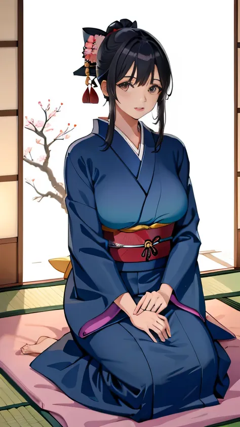 a 30 year old woman sitting in a japanese room, pelo negro largo, tetas grandes, kimono corto, kimono sexy,