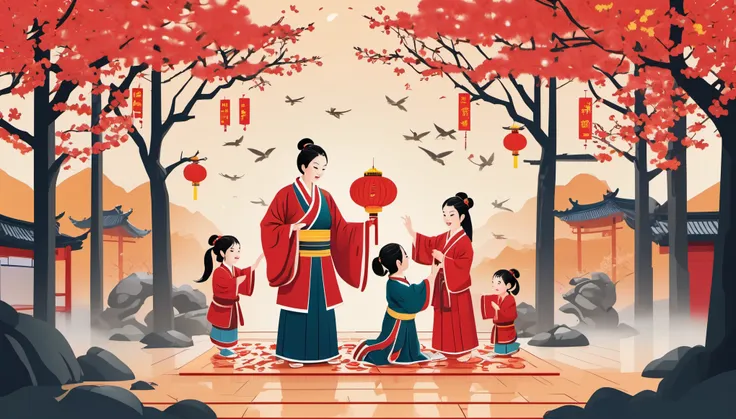 Vector illustration，vector art，children illustration，Flat coating，Ching Ming Festival，sacrifice，8k，high quality，masterpiece