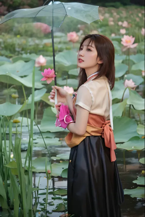 There is a woman standing in the flower field，Holding a green umbrella, Standing gracefully on the lotus, There are flowers, Huang Longli, Tomorrow Tran Brothers, a young asian woman, Lin Meng style, traditional beauty, lovely woman, Chinese girl, mine, Ni...