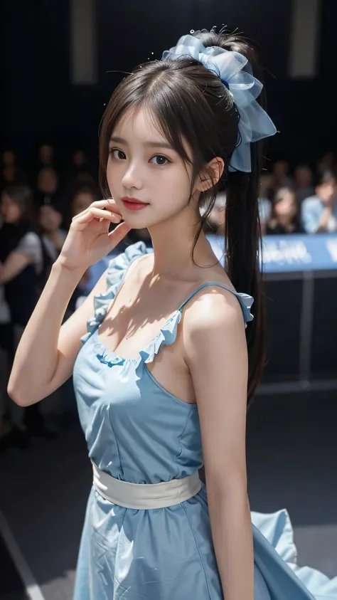 not showing ones feet,standing on stage singing,Blue colored long dress with lots of ruffles,One woman,masutepiece, The highest image quality, High quality, the background is clear,Beautiful woman, Japanese, Detailed, Detailed eyes, Detailed skin, Beautifu...