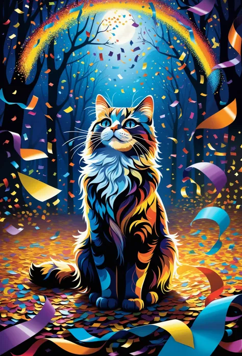 beautiful sky cat, chove confete de papel vibrante, stunning illustration with kaleidoscope of colorful confetti, reino de fantasia sombria, enchanted by the dark and fantastic world, streamers of paper confetti dance in the air, against a dark fantasy wor...