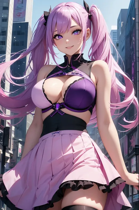 1girl (masterpiece, round_iris, extremely crisp crystalline shiny purple eyes, perfect_anatomy, extremely_captivating_hypnotic_mystic_eyes, ) perfect face, long pink hair, twin tails, smiling evil, big breasts, wearing a skirt and bra, gamer girl, city liv...