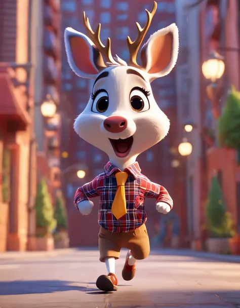 3d，c4d，disney art of animation，personification，northeast roe deer，wearing a plaid shirt，suit shorts，run，open your mouth and laug...