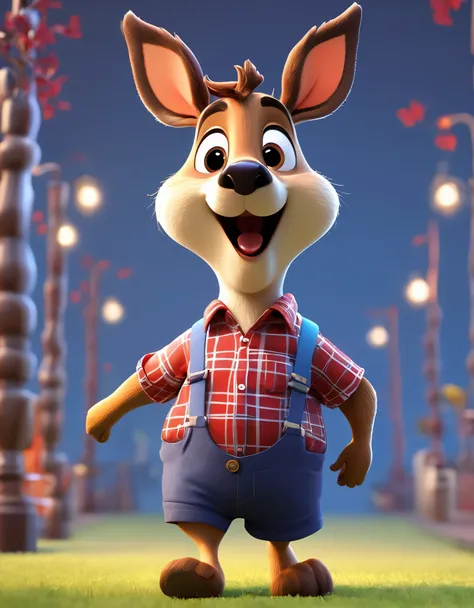 3d，c4d，disney art of animation，personification，The silly-looking Northeastern roe deer，Fat stature，wearing a plaid shirt，Suit shorts，run，Open your mouth and laugh，Warmth，Cute and cute，Cartoon，OC renderer，8k，high quality，masterpiece