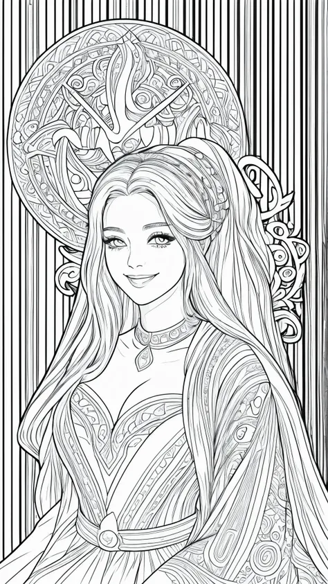 The picture is in the style of a coloring book - black and white lines. A beautiful woman with a lush bust, expressive eyes and long hair is smiling playfully