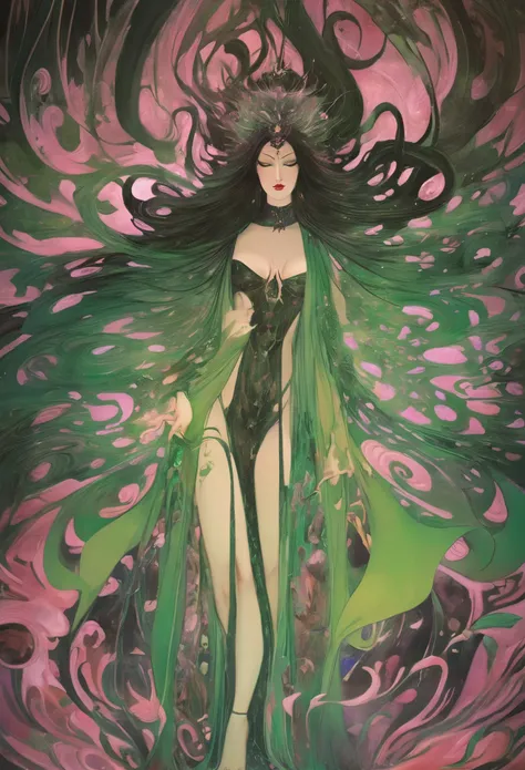 A provocative painting portraying a sultry lady from hell in a captivating green-themed scene, embodying the allure and power of Hela in an epic split-screen composition that heightens the theatricality and mystique of her character. The green color scheme...