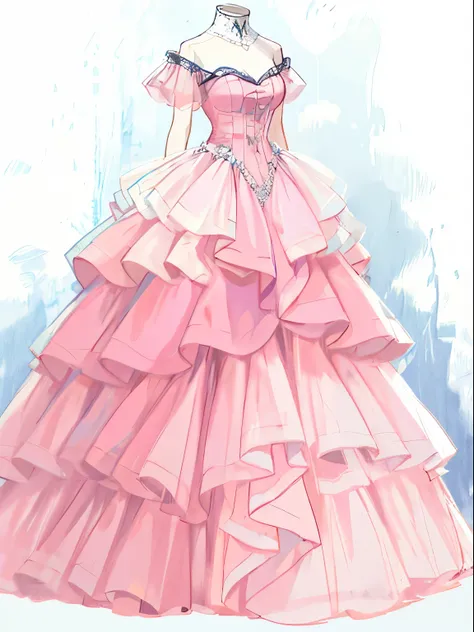 a drawing of a dress with ruffled layers and a bustle, pastel pink dress, dressed beautiful gown, elegant drawing, detailed dres...