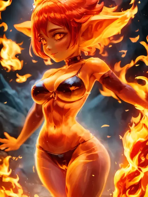 solo, 1girl, 4k, close up of fiery goblin girl with mesmerizingly (ruby red skin), made of flame, on fire, posing on volcano, small demon horns, fire hair, wearing a 2 piece bikini made of volcanic rock, small breasts, sexy, seductive, looking at viewer, h...