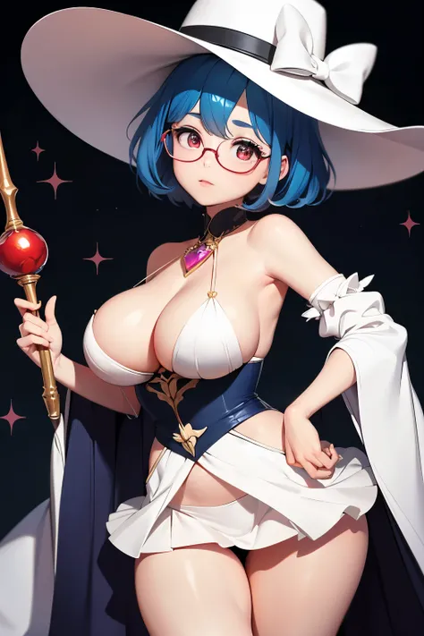 ((highest quality)), ((masterpiece)), (be familiar with), perfect face、Magical girl、young girl、I&#39;m thin and my bones are noticeable、big breasts、blue hair、fluffy short hair、red eyes、have a magic wand、a wand with a large red gem、half naked、wizard&#39;s h...