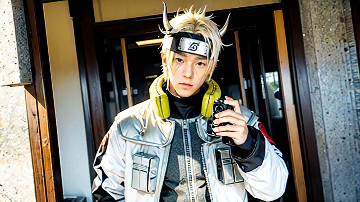 isshiki otsutsuki, naruto character, white male, horn, white suit, yellow eyes, tall, holding camera