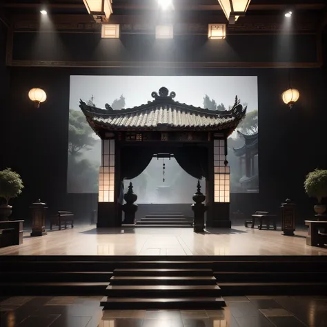 Ancient style 3d stage design creative stage design，Frame stage，Suzhou garden architectural style，Deconstruction of Suzhou Garden Multi-layer Platform，ink，Black and white color scheme，Stage lighting 