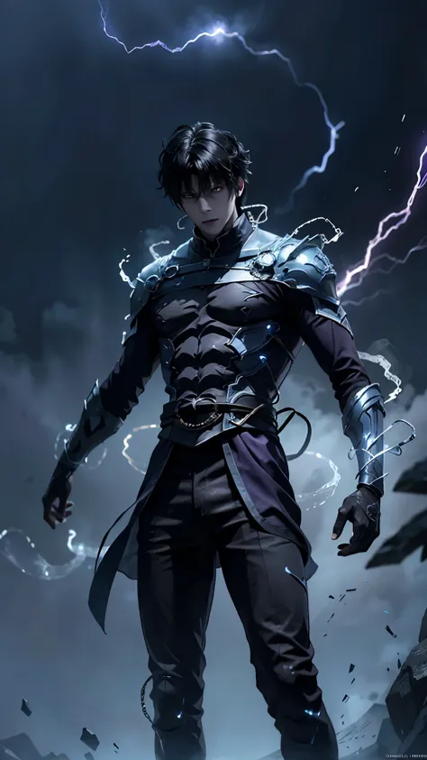 epic anime style, purple lightning, evil temperament, 20-year-old male shadow assassin, glowing black aura, shadow supervisor, h...