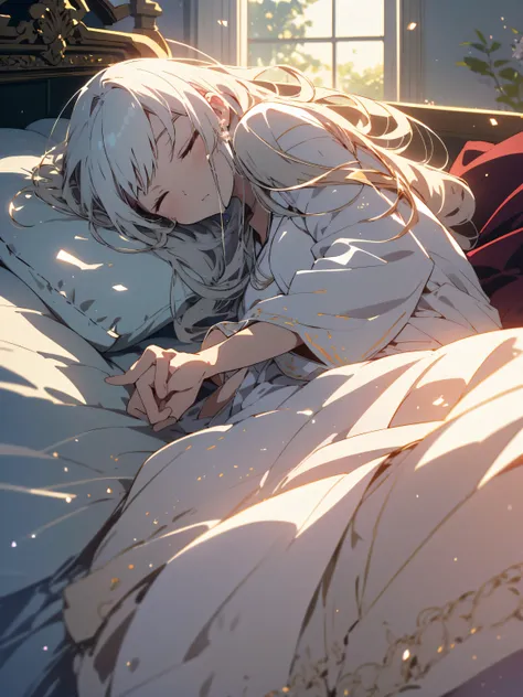 (highest quality、masterpiece、High resolution、detailed)、Two long-haired anime girls lying on the bed, eyes closed, Sleeping、From the front of the girl, Cute anime wife in beautiful clothes, seductive anime girl, white haired god, exquisite details.  in a dr...