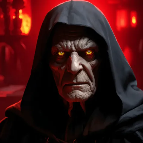 Emperor Palpatine, scary, glowing yellow eyes, pale wrinkled skin, sinister red dungeon background, realistic, detailing, 4K, 3D