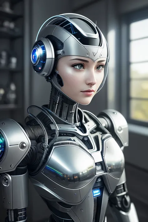 A mesmerizing robot S2, (realism: 1.6), intricately designed with meticulously detailed wires and gears, (film grain: 0.7 for a vintage effect), HDR lighting adding depth and dimension, (cyborg: 1.2), expressive sapphire eyes that glow with an inner light,...